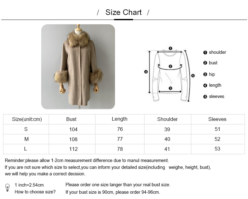 Jaxmonoy Stylish Cashmere Coat With Real Fur Collar And Cuffs Short Style