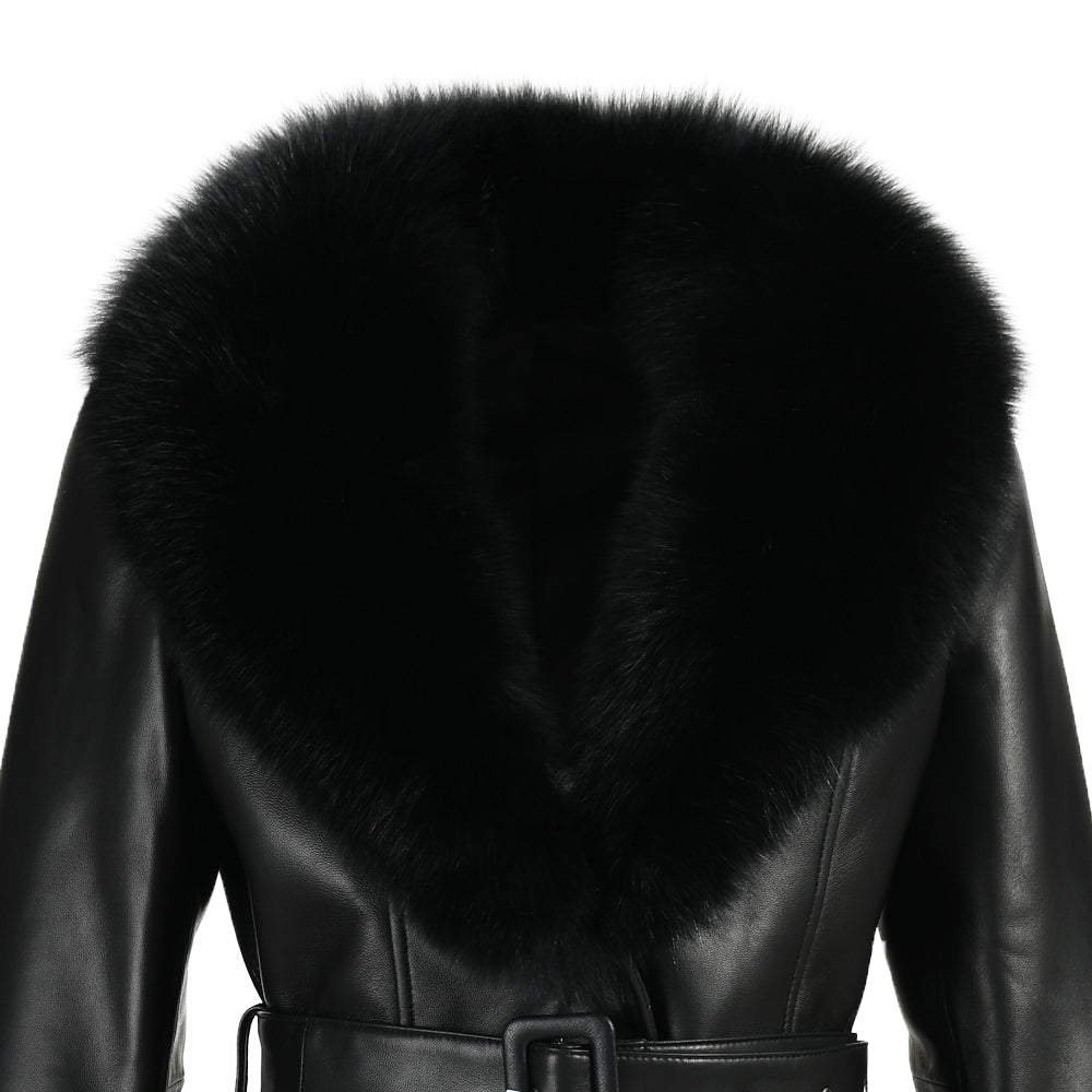 Regular Length Genuine Sheepskin Leather Coat With Real Fox Fur Collar And Cuffs Winter Women Leather Jacket Genuine