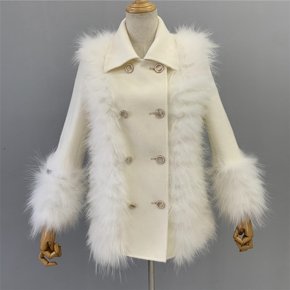 Jaxmonoy Women Cashmere Coat With Real Fur Cuffs Short Style