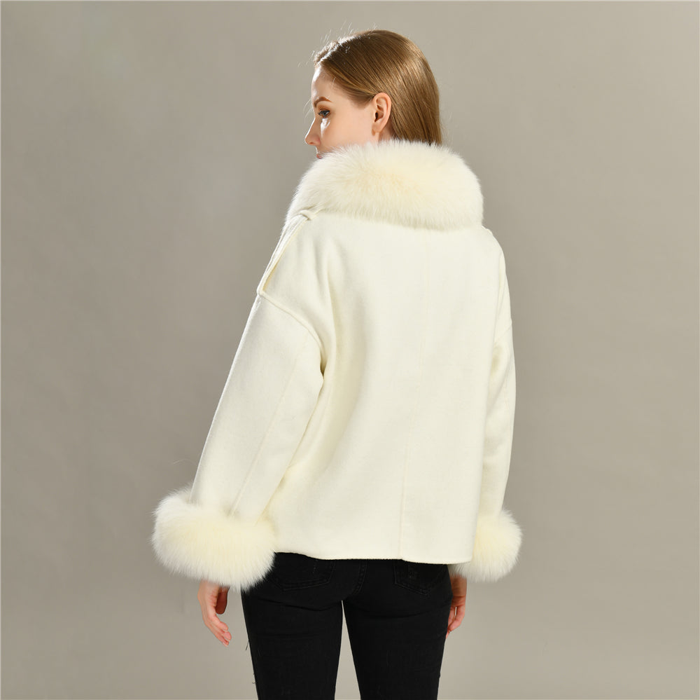 Jaxmonoy Women Cashmere Coat With Real Fur Collar And Cuffs
