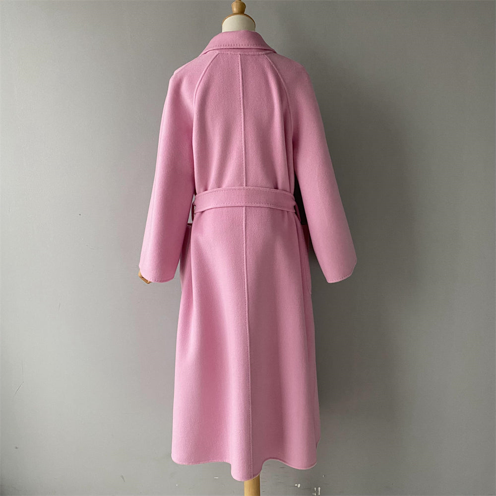 Solid Color Cashmere Coat With Big Side Pocket And Removable Belt