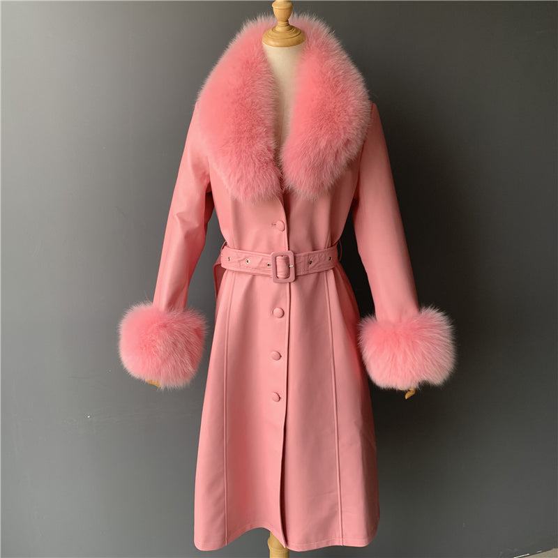 Jaxmonoy Leather Jacket Long Style Trench With Fox Fur Collar