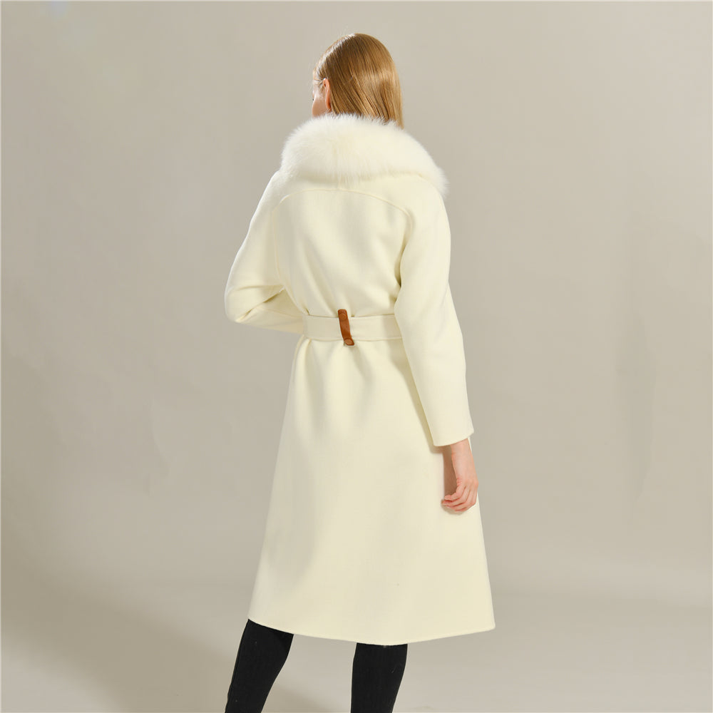 Jaxmonoy Long Style Cashmere Coat With Turn-down Real Fur Collar