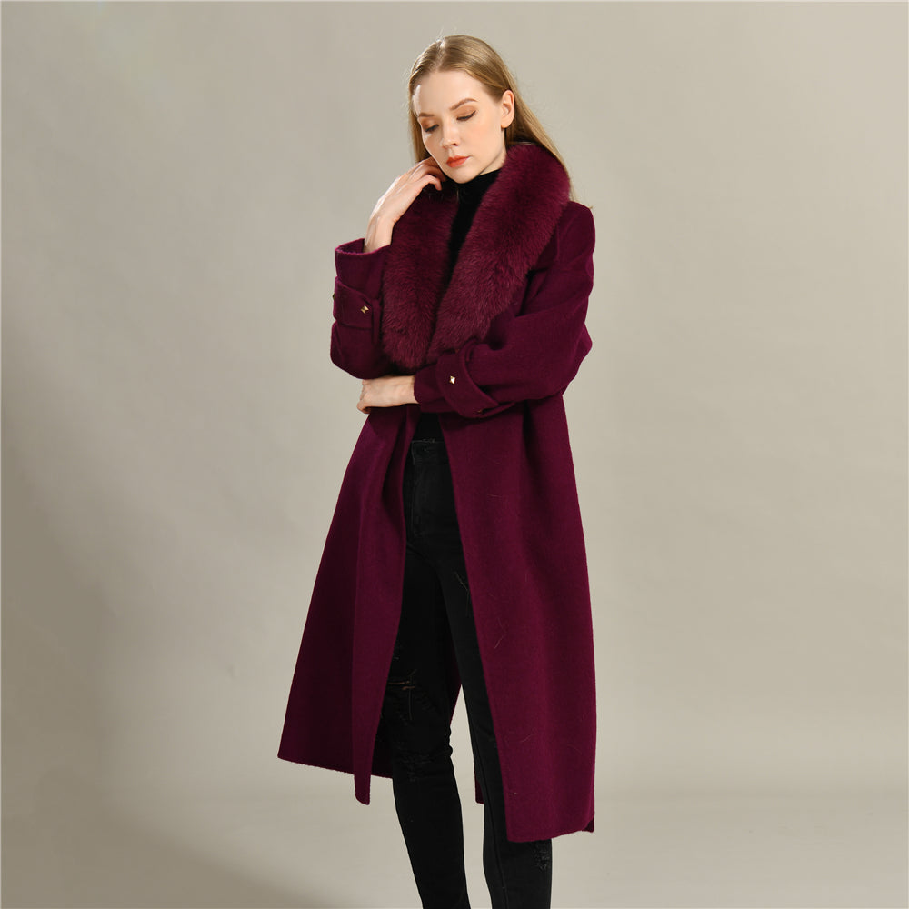 Jaxmonoy Cashmere Coat With Real Fur Collar And Rivet On The Belt