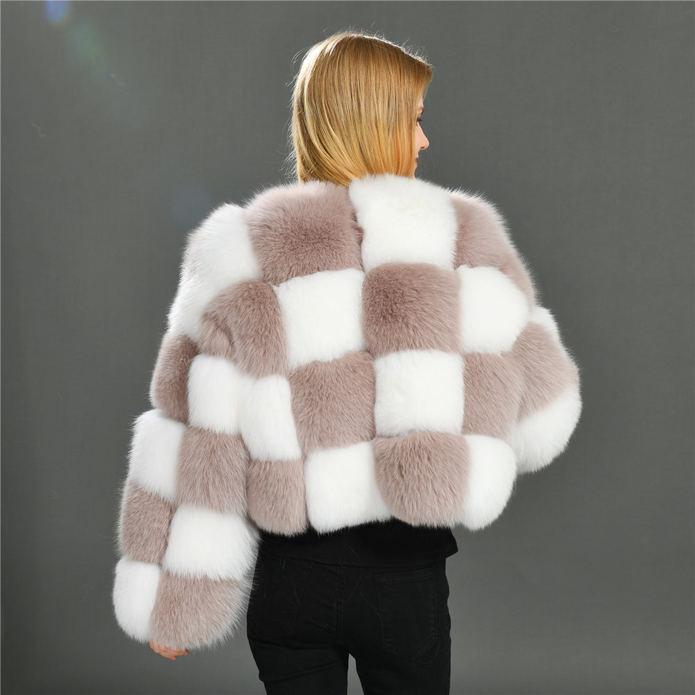 Jaxmonoy Two-color Stitching Classic Style Fashion Warm Winter Real Fox Fur Coat