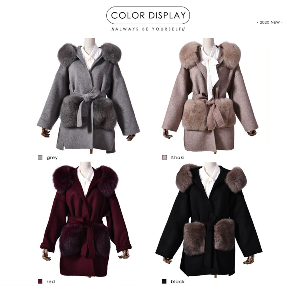 Jaxmonoy Women Cashmere Coat With Fur Pocket