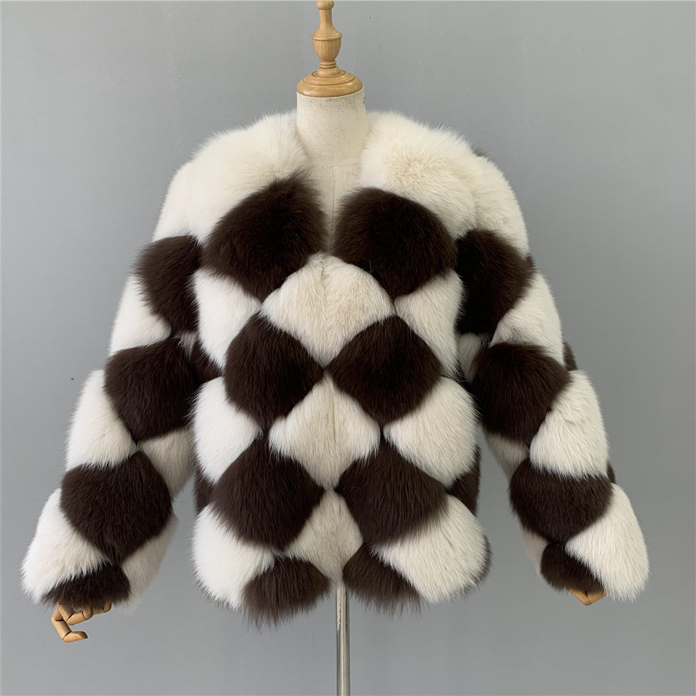 Jaxmonoy Female Two-color Stitching Minimalistic Ladies Real Fox Fur Coat