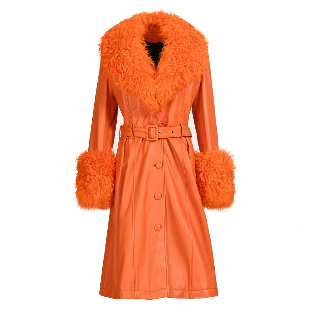 Custom Color Belt Design Genuine Leather Trench Coat With Sheep Fur