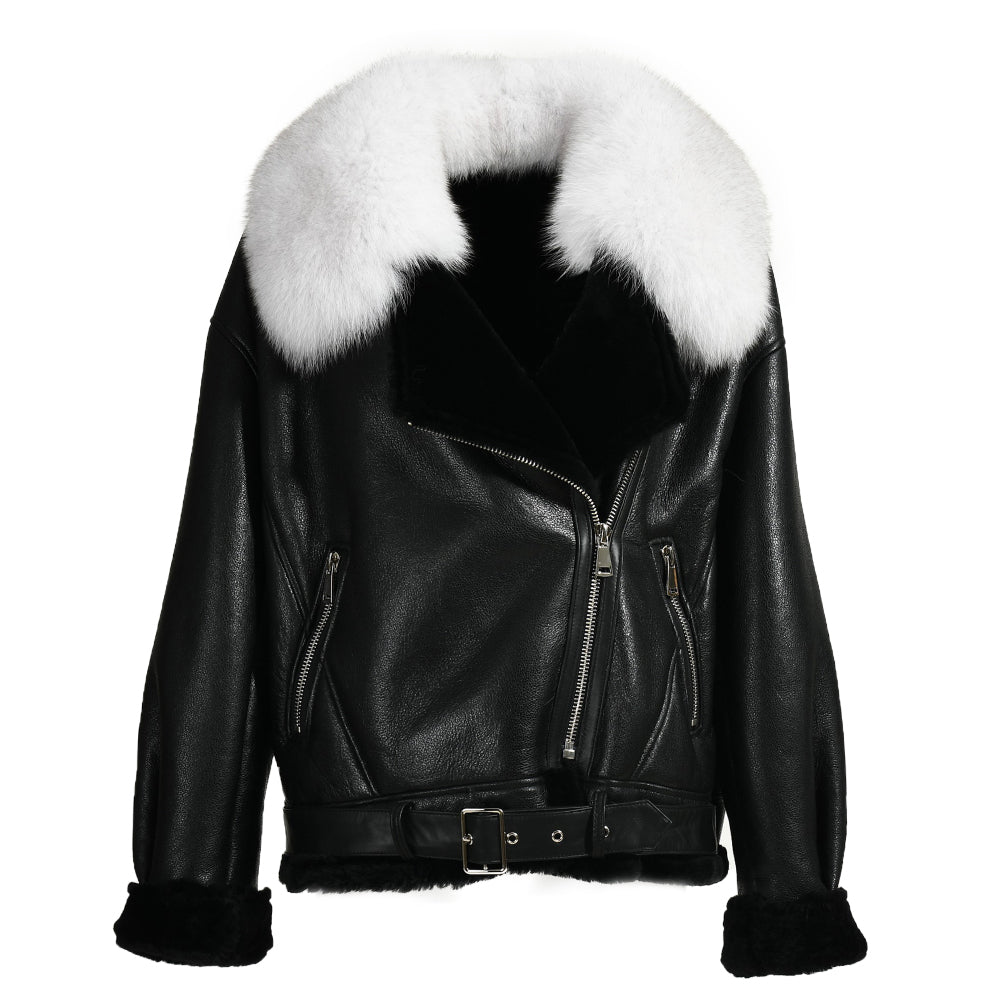 Shearling Coat With Real Fox Fur Collar Leather Jacket For Women