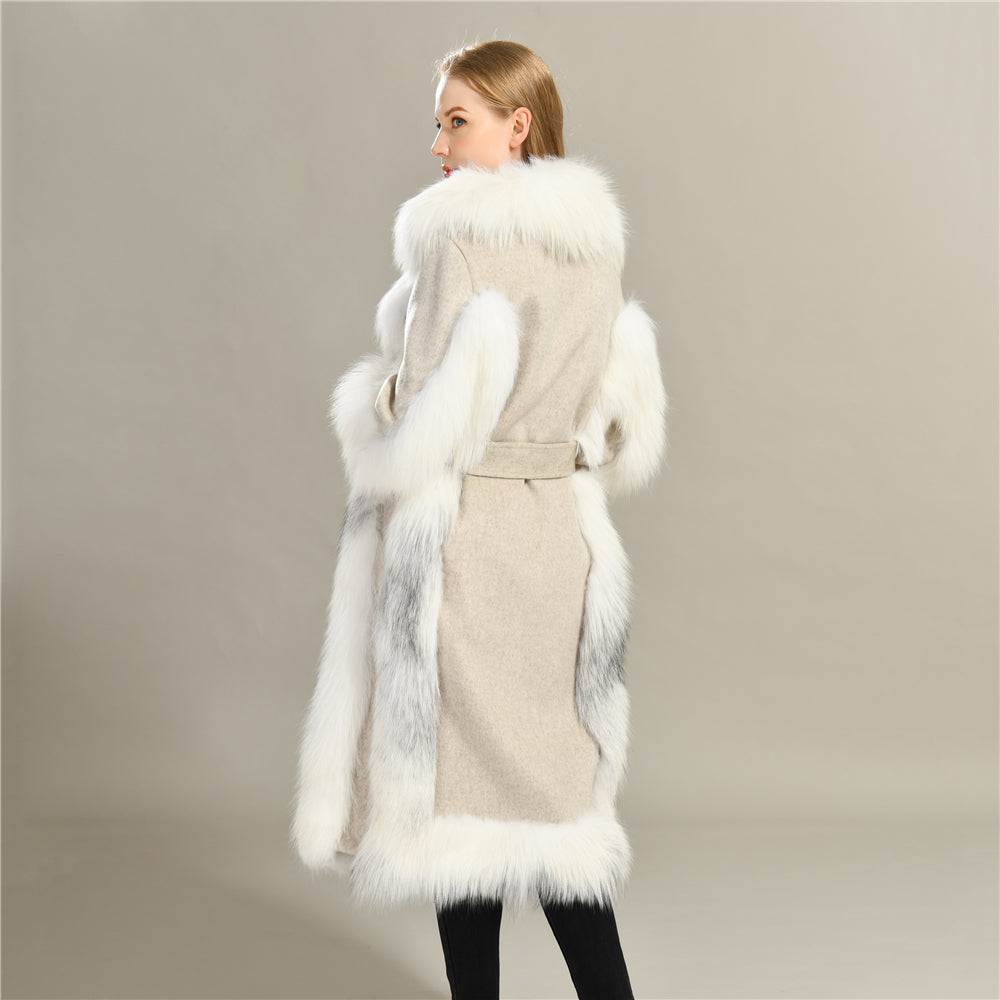Jaxmonoy Women Wool Coat With Luxury Real Fur Collar And Belt