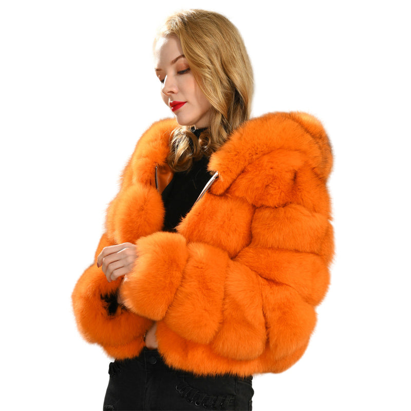 Jaxmonoy Fashionable Luxurious Real Fox Fur Coat With Big Thick Hood