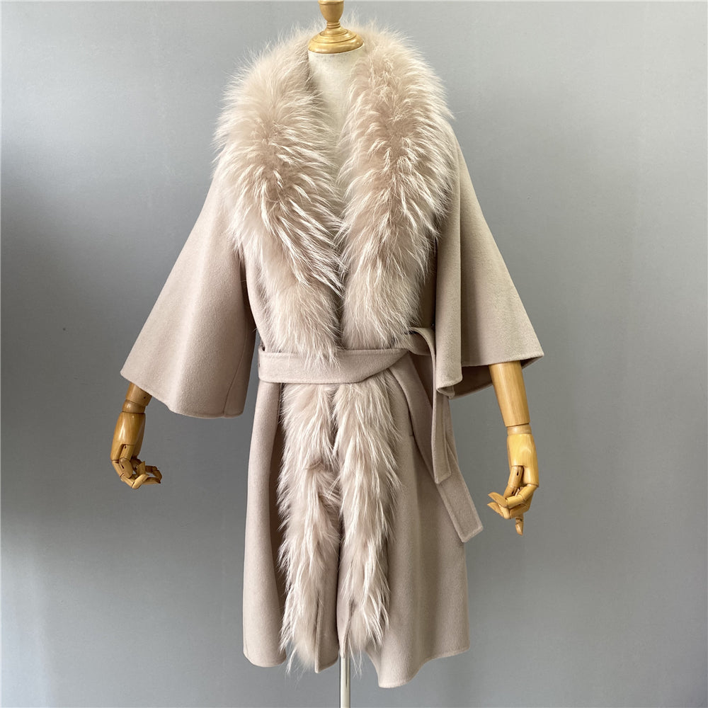 Jaxmonoy Women Cashmere Wool Coat Real Raccoon Collar Luxury Belt