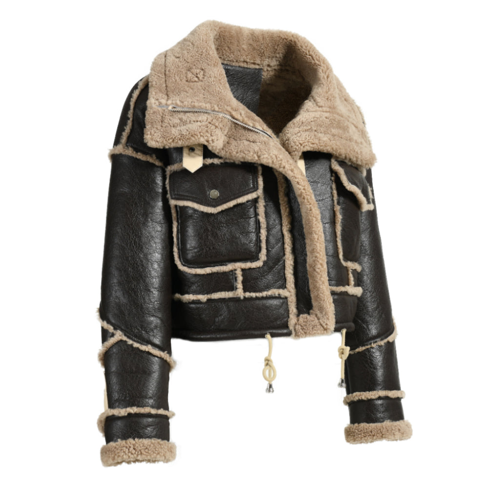 Genuine Shearling Jacket With Real Lamb Fur Lining Winter Womens