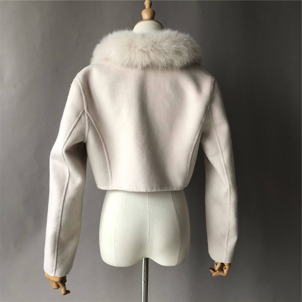 Jaxmonoy Fashionable Ladies Super Short Style Cashmere Coat With Genuine Fox Fur Collar