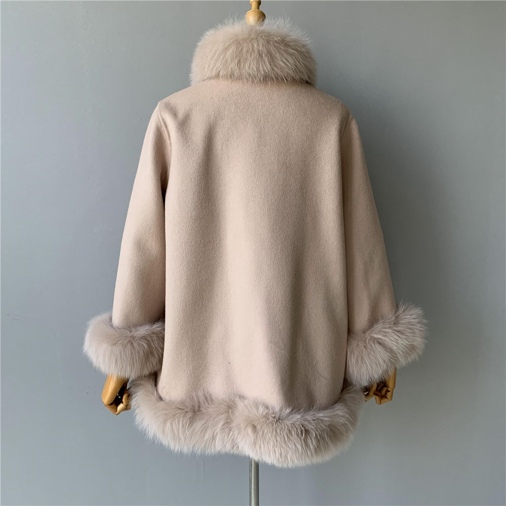 Jaxmonoy Elegant Women Cashmere Coat With Real Fur Collar Luxury Cloak