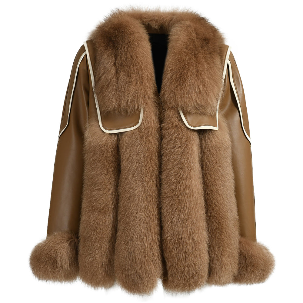 Genuine Leather Jacket With Real Fox Fur V-neck Collar Spring