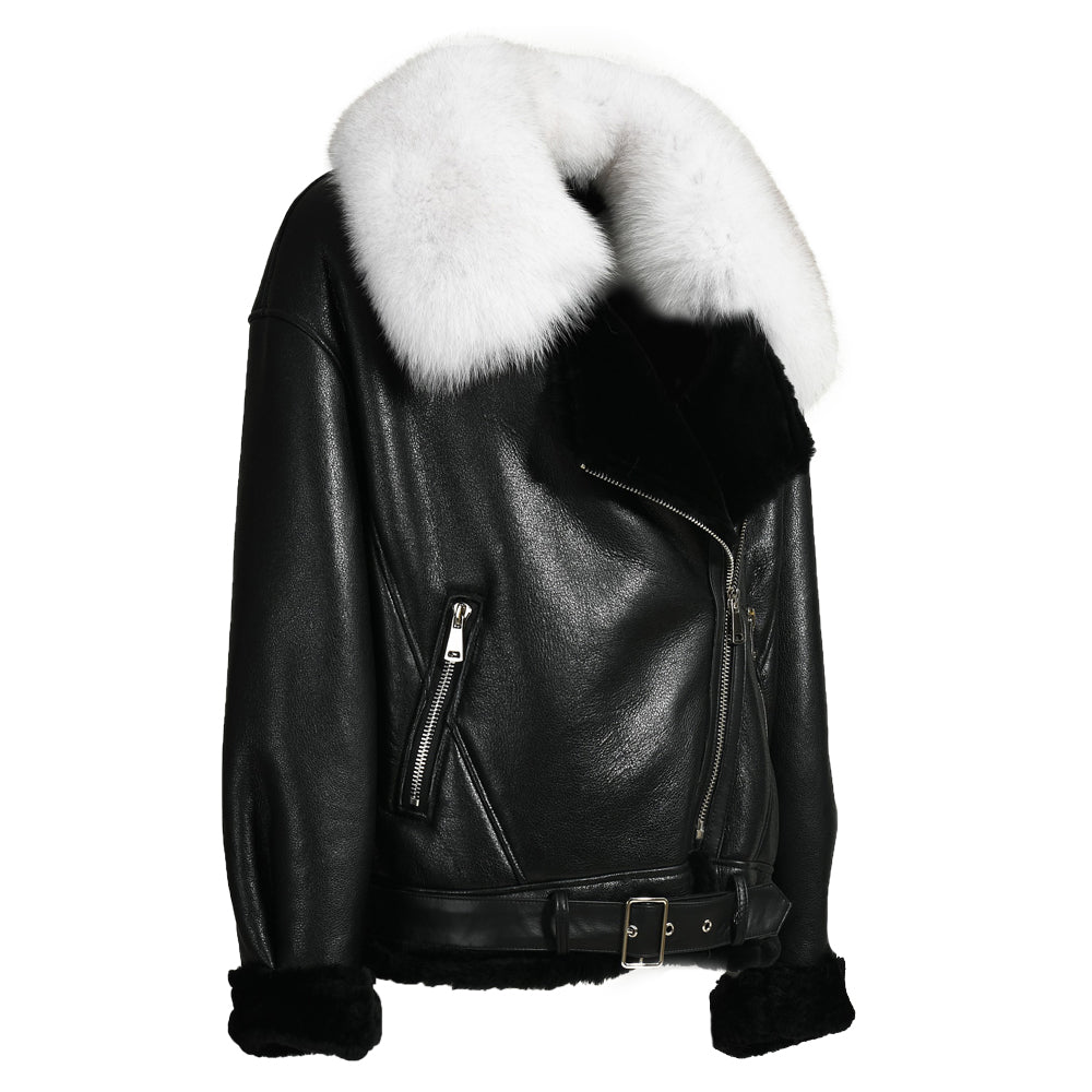 Shearling Coat With Real Fox Fur Collar Leather Jacket For Women