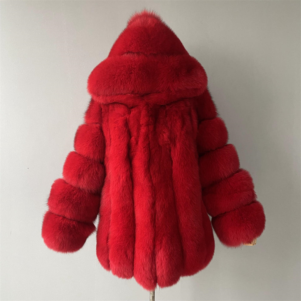 Fashion Ladies Long Sleeves Fluffy Real Fox Fur Coat With Fur Hood