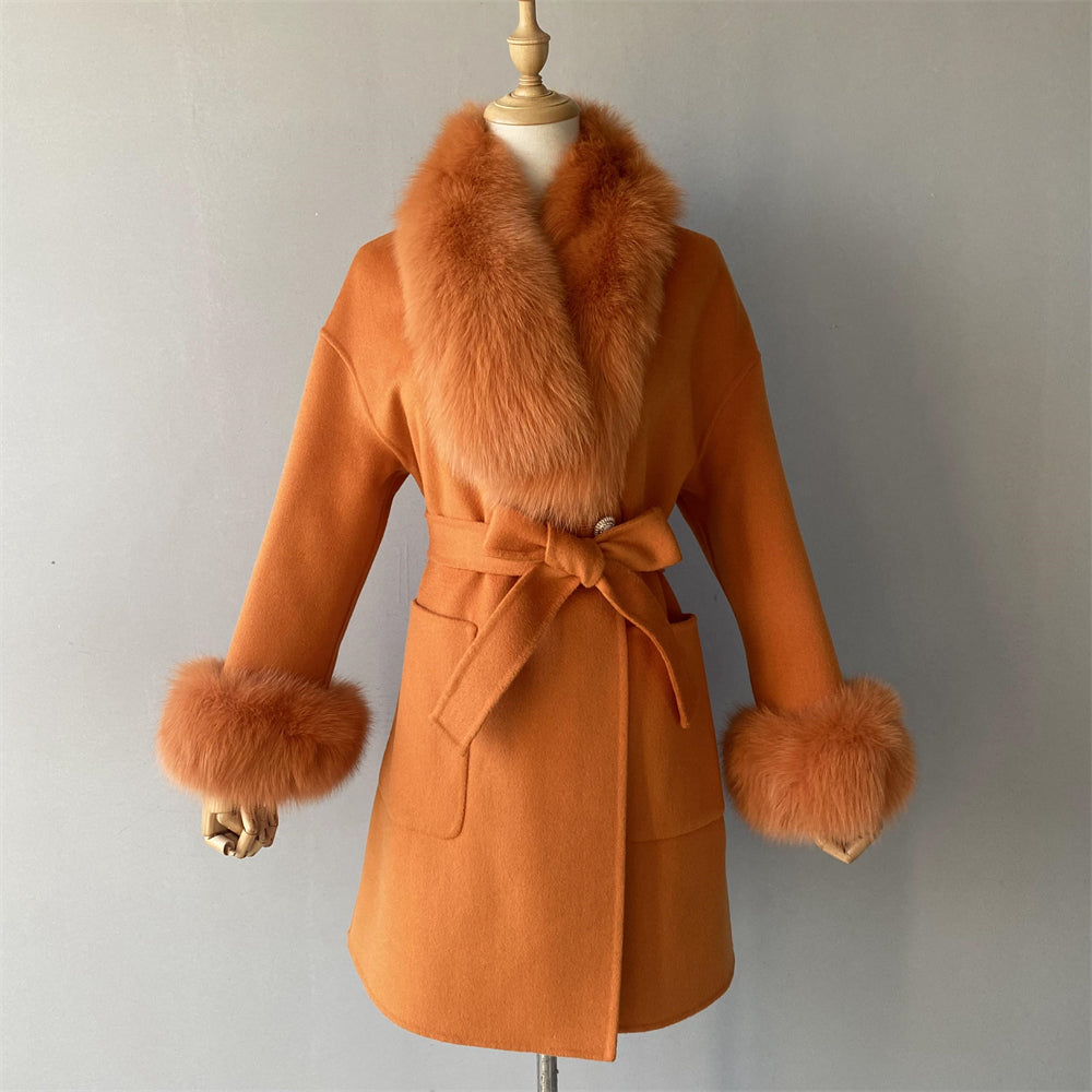 Wholesale Cashmere Coat With Real Detachable Fox Fur Scarf And Cuffs Winter High Quality Wool Blend Coats For Women