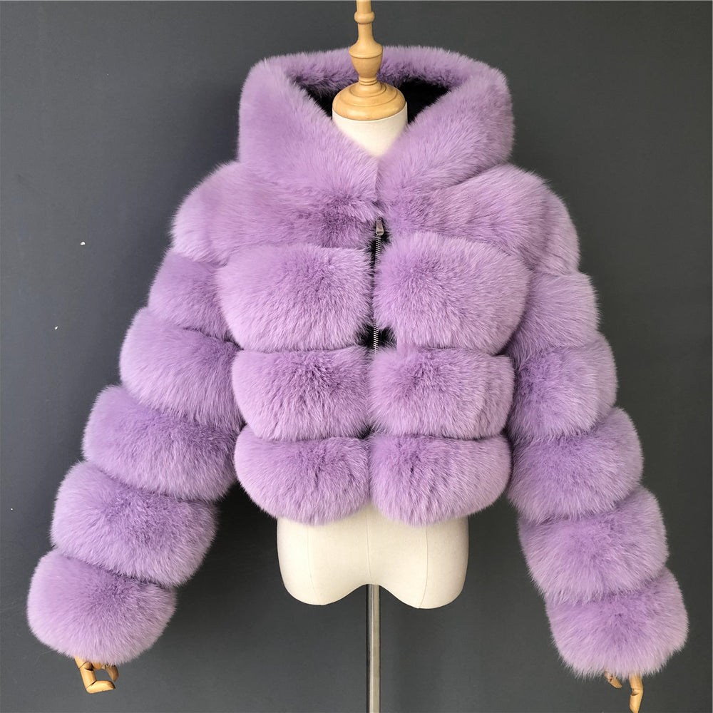Jaxmonoy Fashionable Luxurious Real Fox Fur Coat With Big Thick Hood