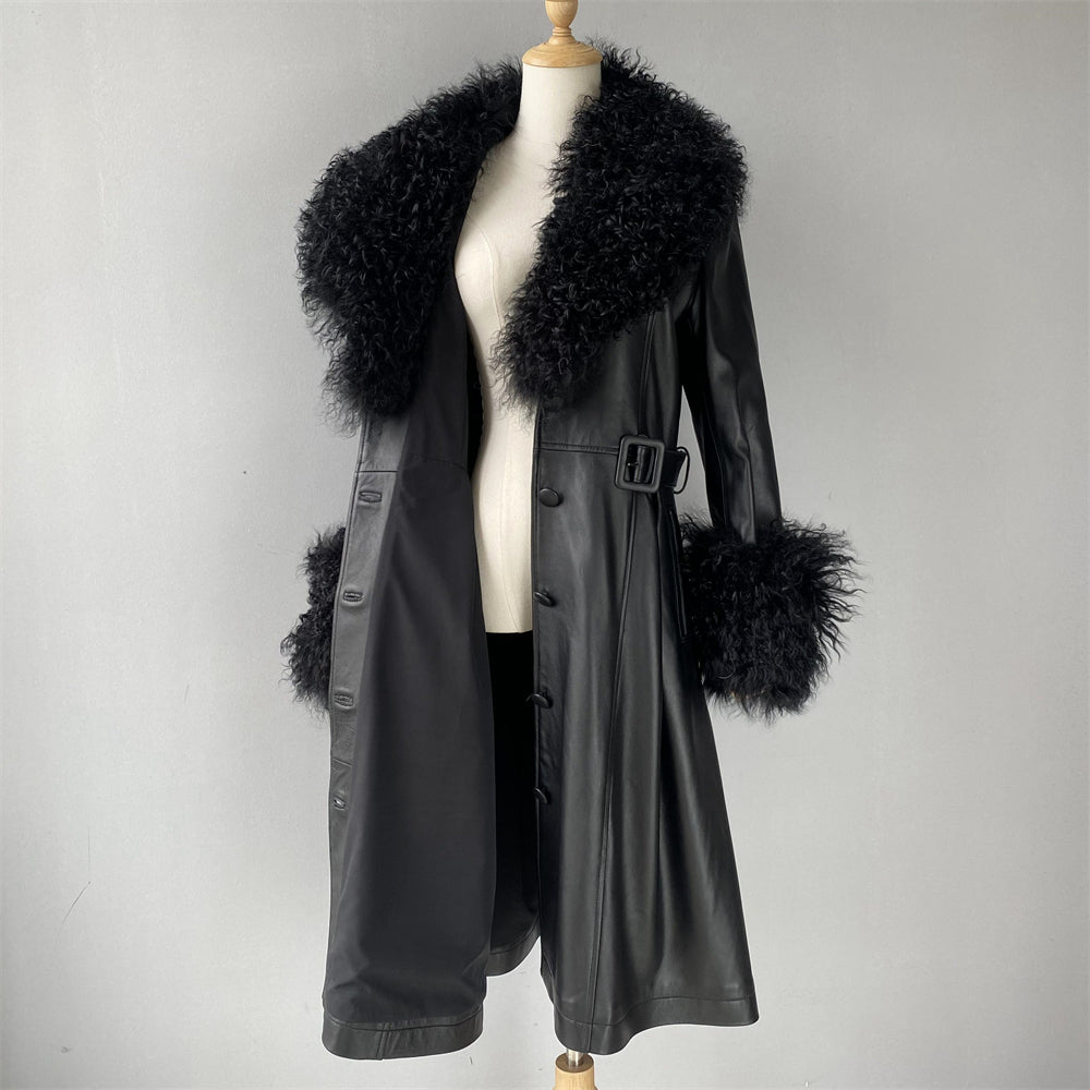 Custom Color Belt Design Genuine Leather Trench Coat With Sheep Fur