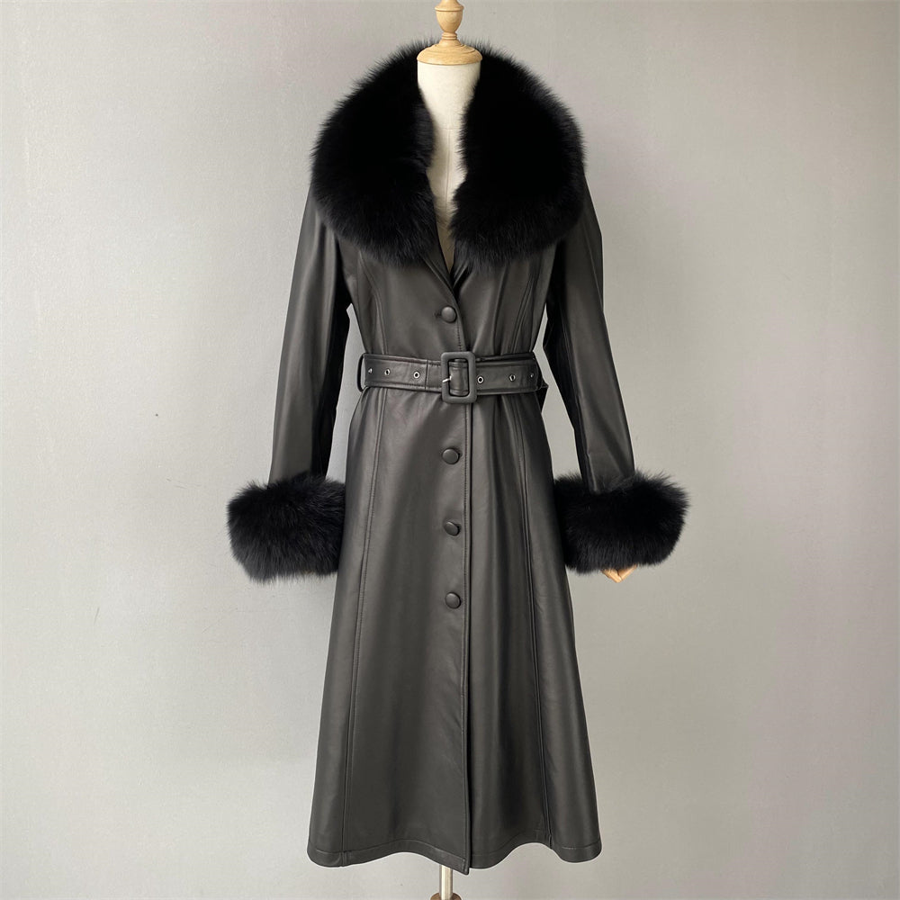 Jaxmonoy Leather Jacket Long Style Trench With Fox Fur Collar