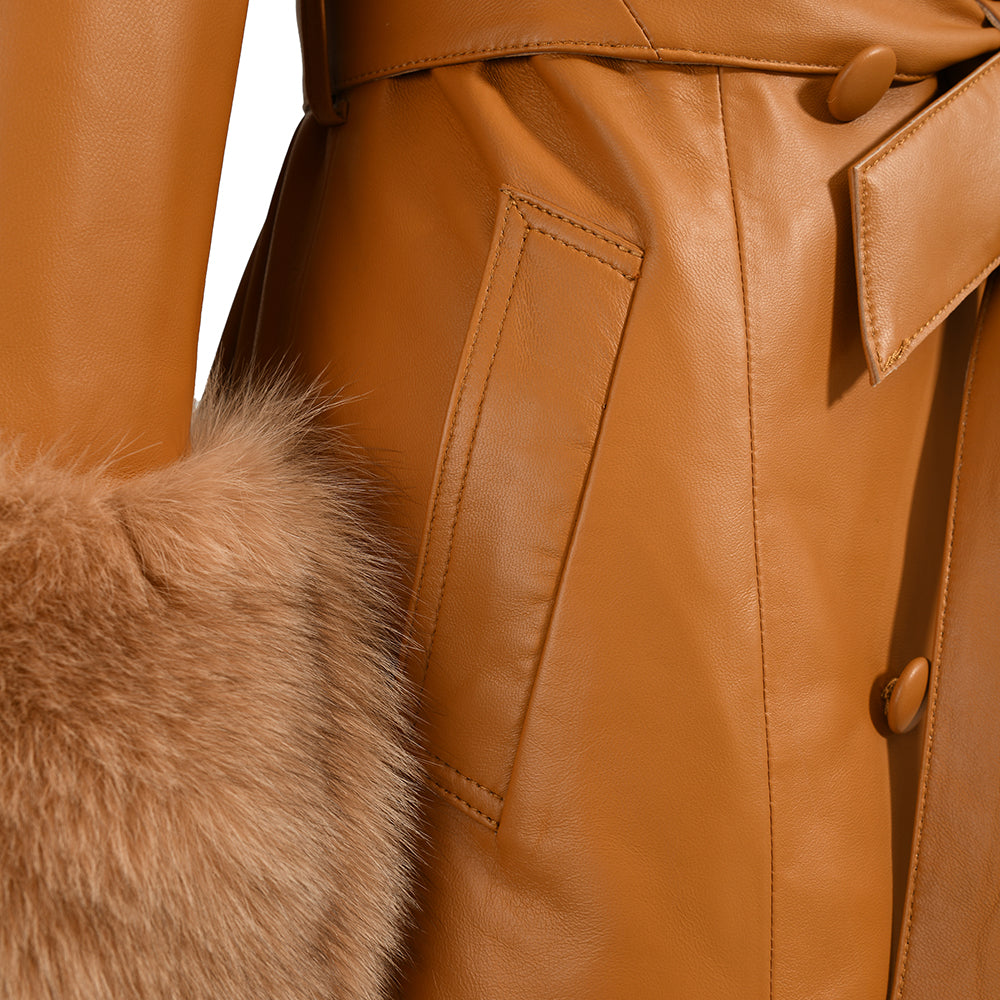 Winter Thick Warm Leather Trench Coat With Real Fox Fur Collar And Cuffs Fashion Long Genuine Leather Coat For Women