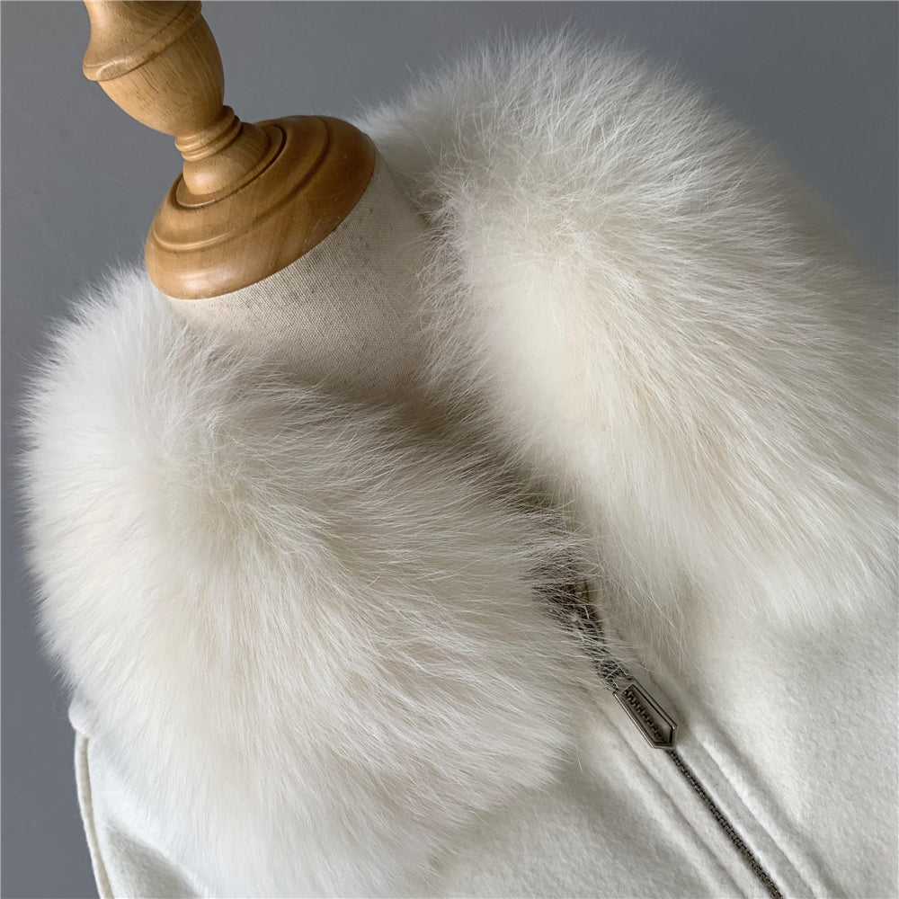 Jaxmonoy Women Cashmere Coat With Real Fur Collar And Cuffs