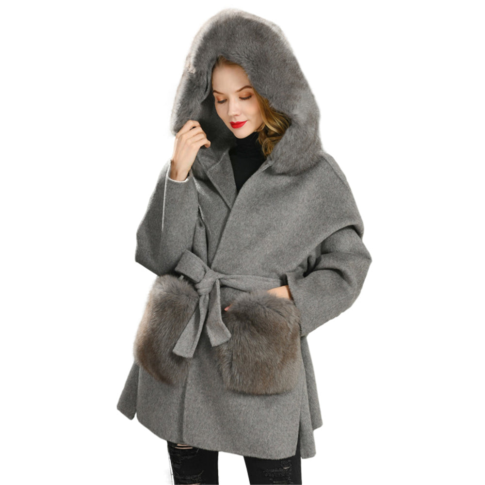 Jaxmonoy Women Cashmere Coat With Fur Pocket