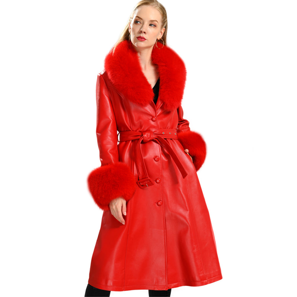 Jaxmonoy Leather Jacket Long Style Trench With Fox Fur Collar