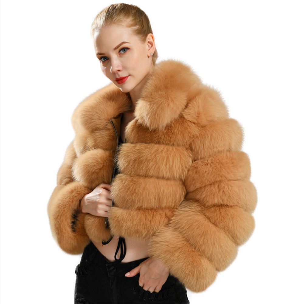 Jaxmonoy Real Fox Fur Coat With Square Fur Collar