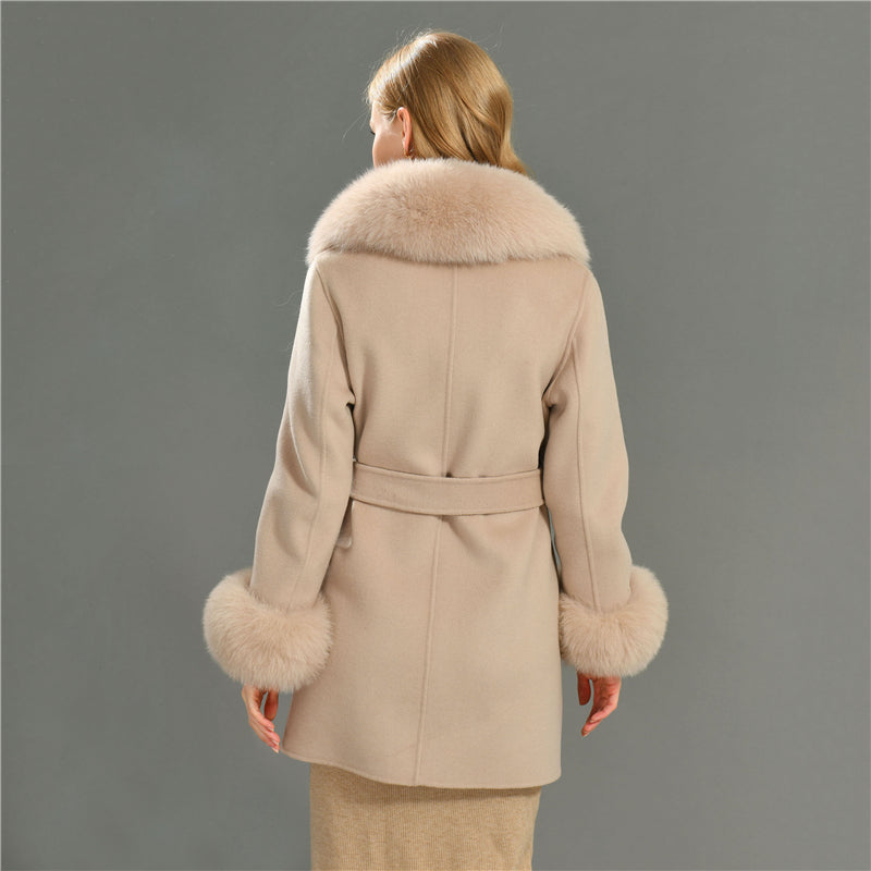 Jaxmonoy Elegant Women Regular Style Cashmere Coat With Real Fox Fur Collar And Cuffs