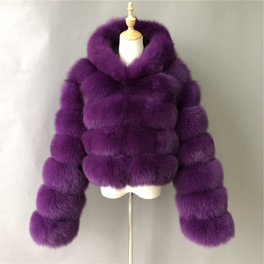Jaxmonoy Fashionable Luxurious Real Fox Fur Coat With Big Thick Hood