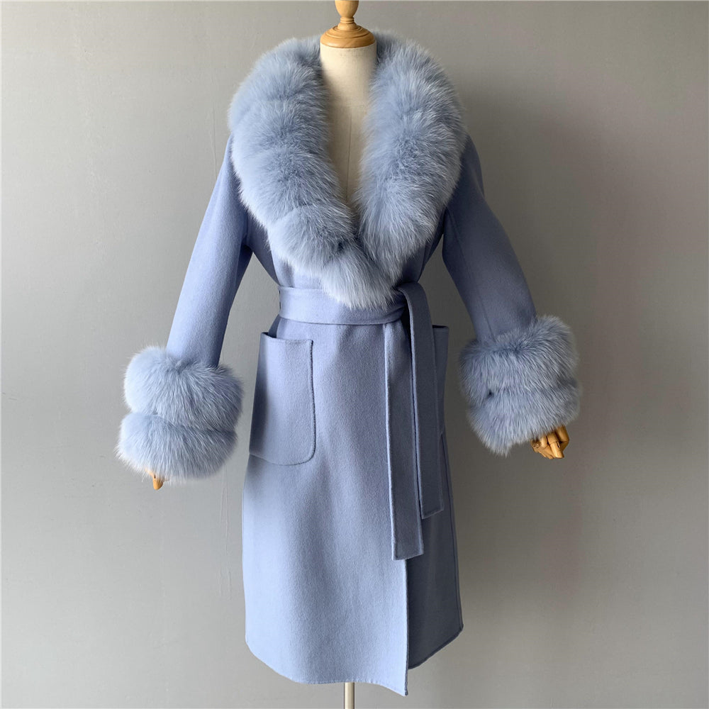 Jaxmonoy Slim Cashmere Coat Long Style Overcoat With Big Real Fur Collar And Double Cuffs