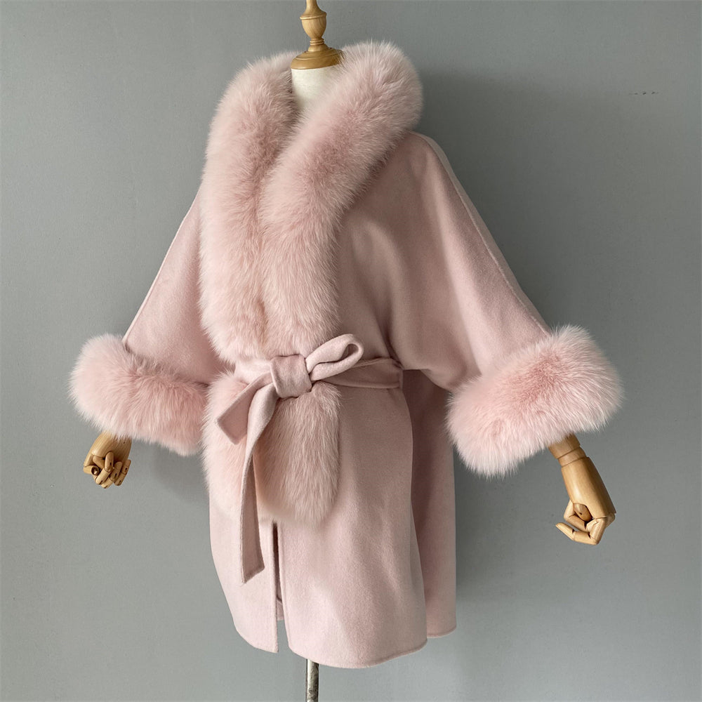 Wholesale Winter Double-sided Hooded Cashmere Coat With Real Fox Fur Collar And Belt Design Fashion Women Real Fox Fur Coat Wool