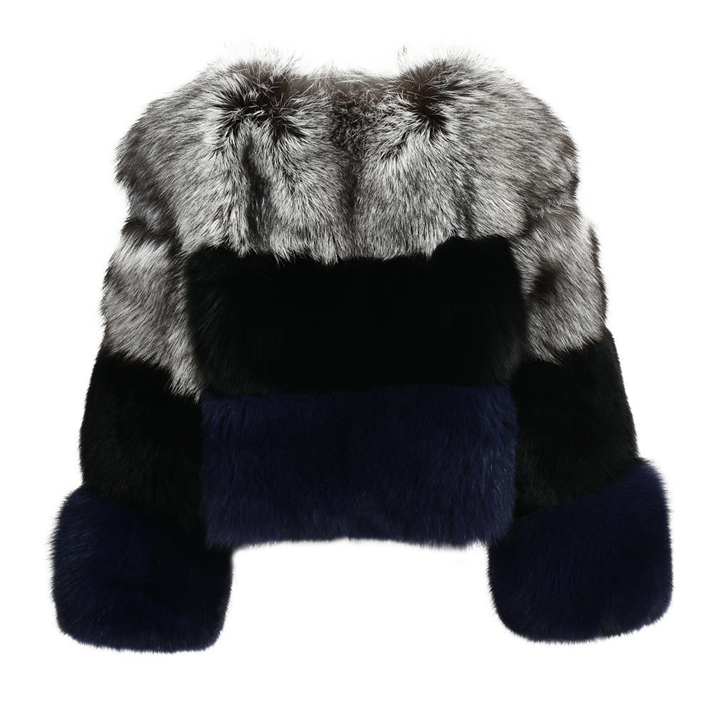 Mixed Color Crew Neck Cropped Real Fox Fur Coat Coldproof Winter Genuine Fox Fur Coat Women Real