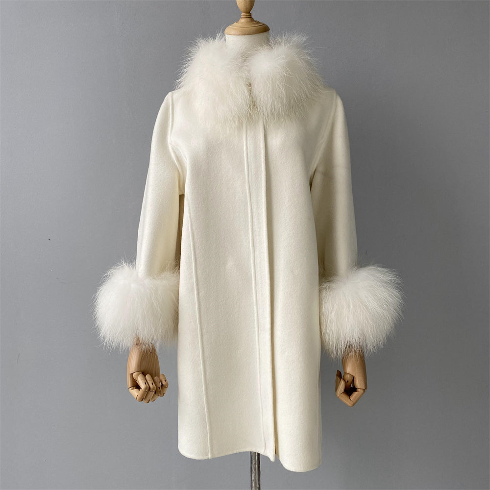 Jaxmonoy Stylish Cashmere Coat With Real Fur Collar And Cuffs Short Style