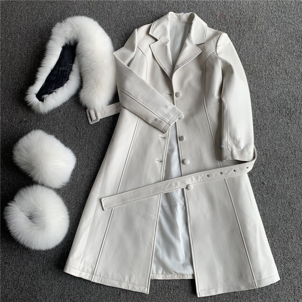 Jaxmonoy Leather Jacket Long Style Trench With Fox Fur Collar