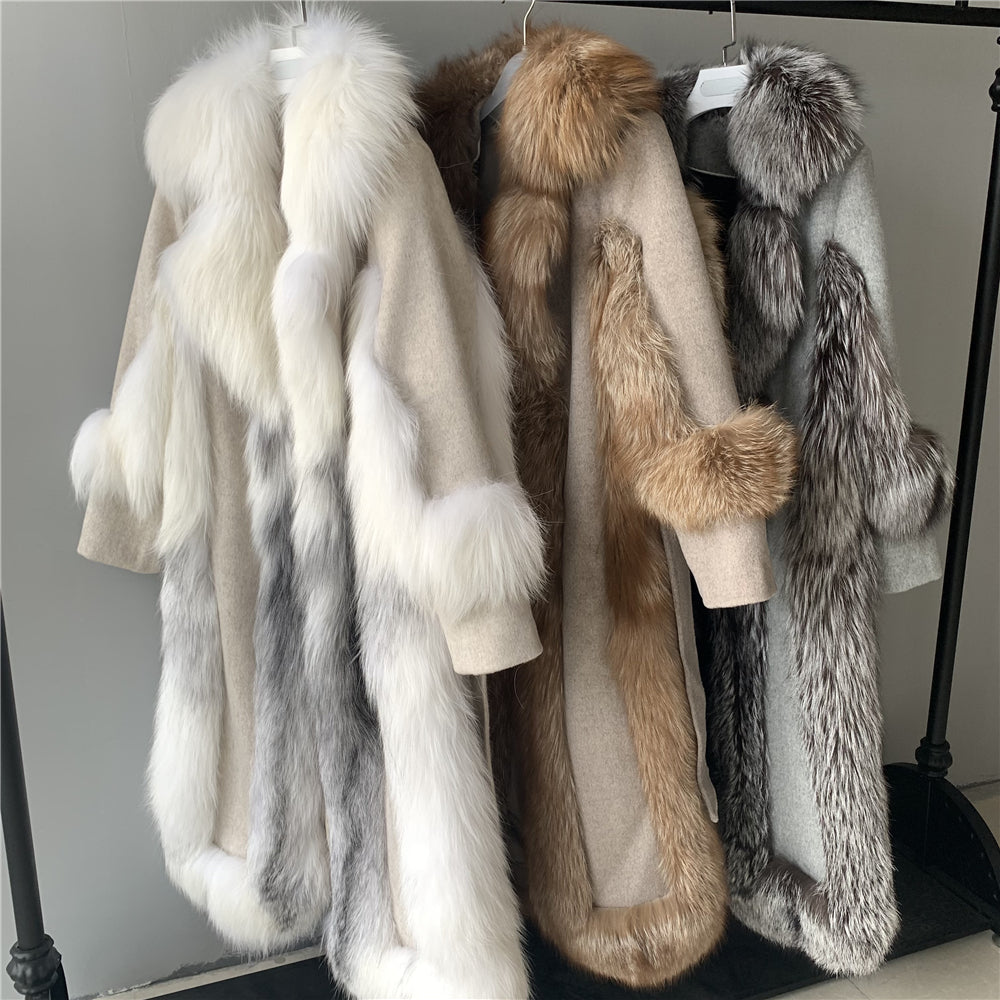 Jaxmonoy Women Wool Coat With Luxury Real Fur Collar And Belt