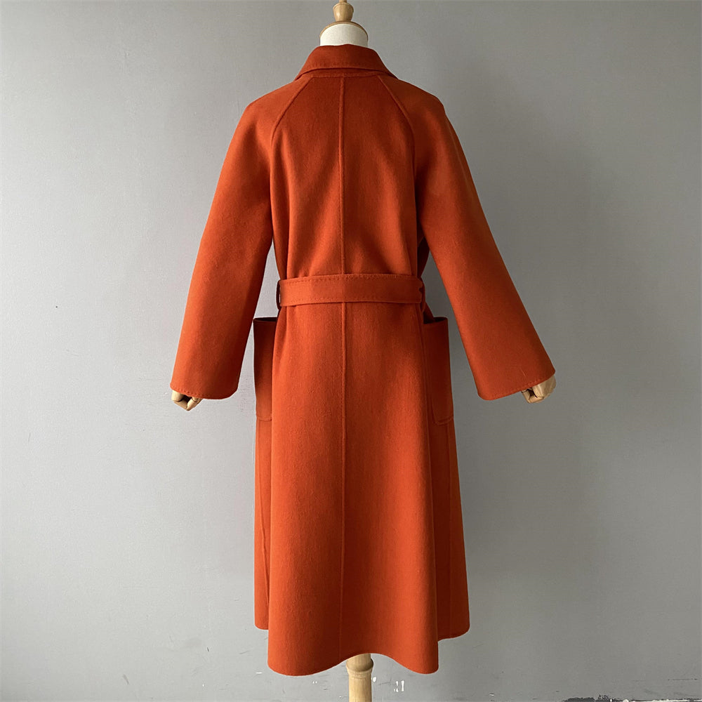 Solid Color Cashmere Coat With Big Side Pocket And Removable Belt