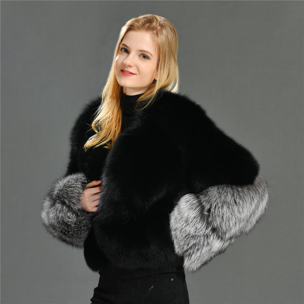 Jaxmonoy Ladies Real Fox Fur With Silver Fox Fur Coat Warm Real Fur Coat