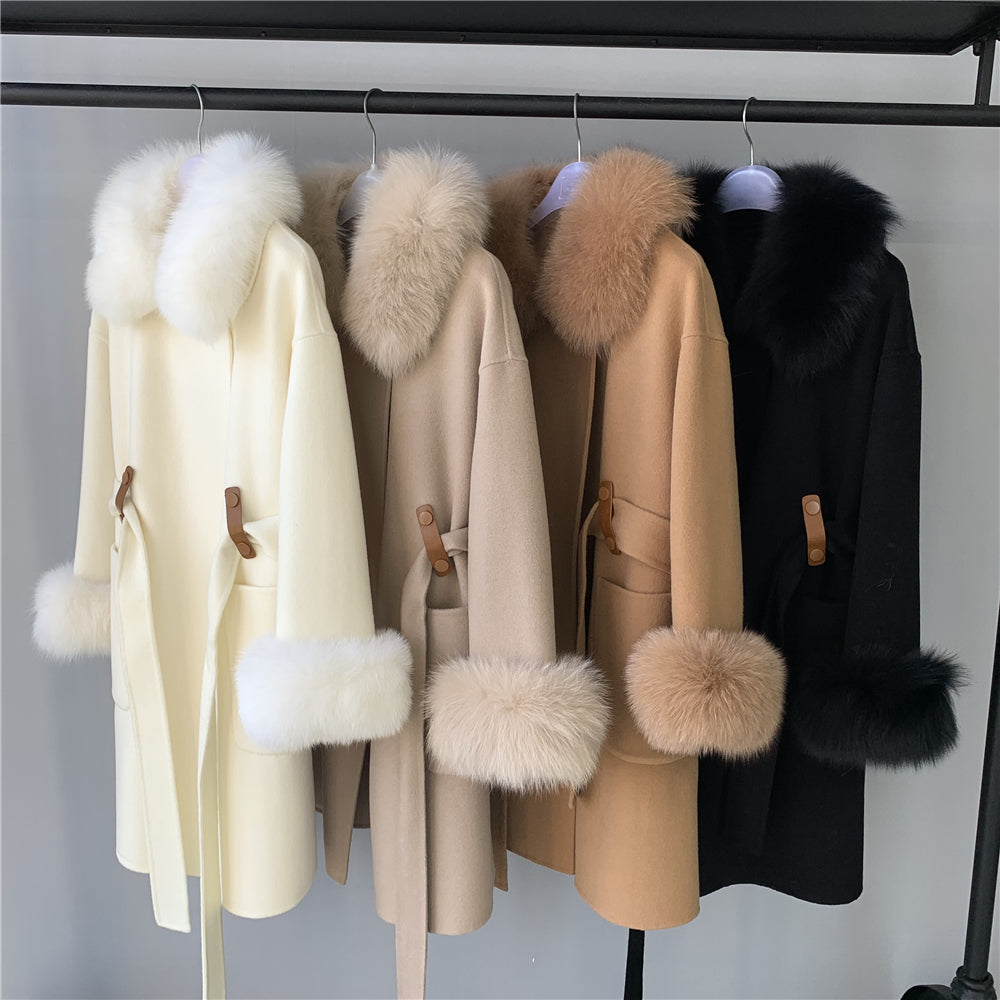Jaxmonoy High-end Cashmere Coat With Big Real Fur Collar And Cuffs