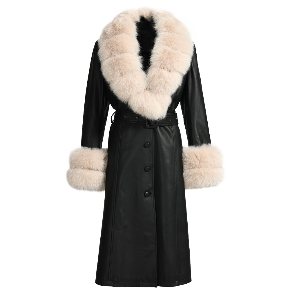 Long Leather Coats With Fur Collar And Cuffs Sheepskin Leather Jackets Unisex