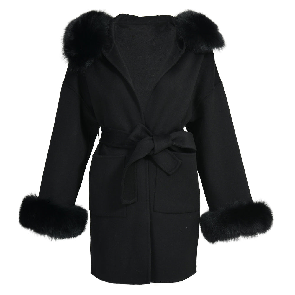 Jaxmonoy Ladies Cashmere Wool Coat Real Fox Fur Collar And Cuffs