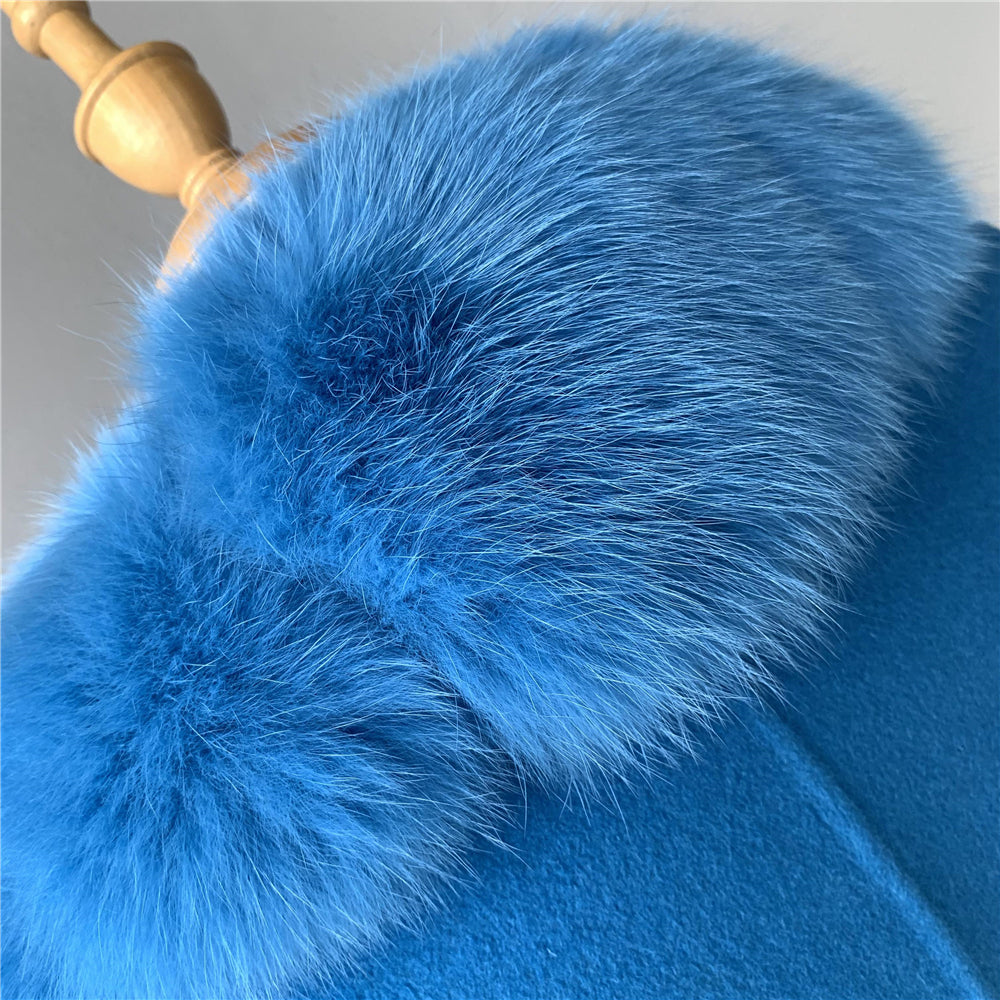 Jaxmonoy Slim Cashmere Coat Long Style Overcoat With Big Real Fur Collar And Double Cuffs