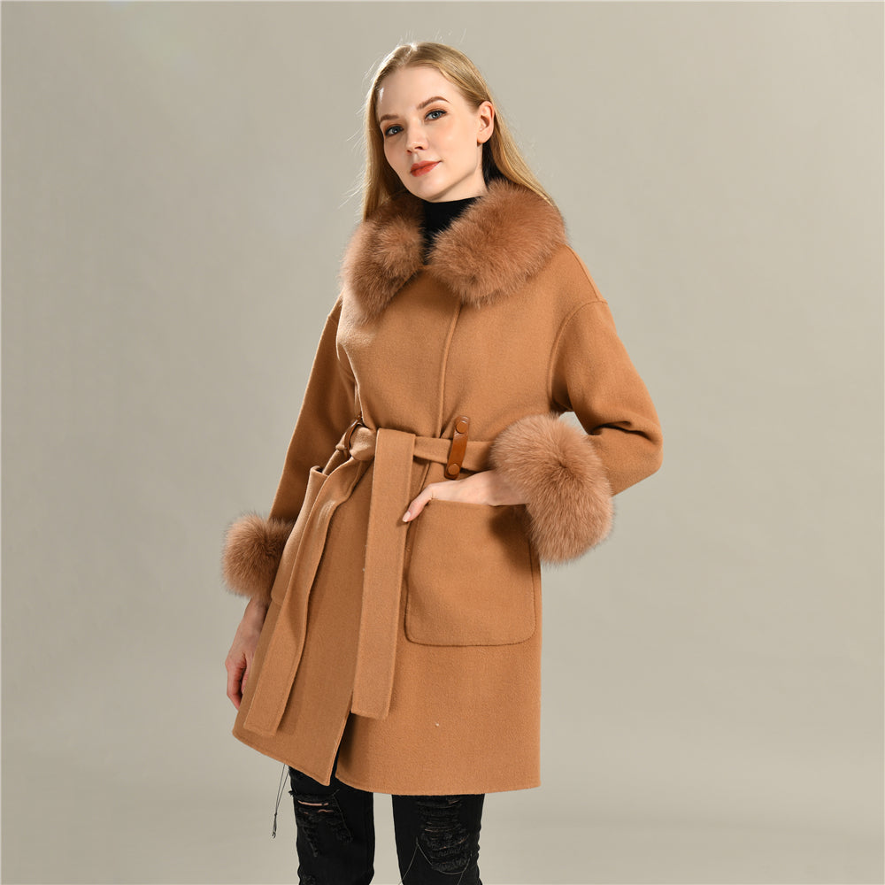 Jaxmonoy High-end Cashmere Coat With Big Real Fur Collar And Cuffs