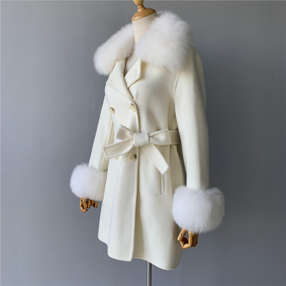 Jaxmonoy Real Fur Cashmere With Comfortable Fur Collar And Cuffs