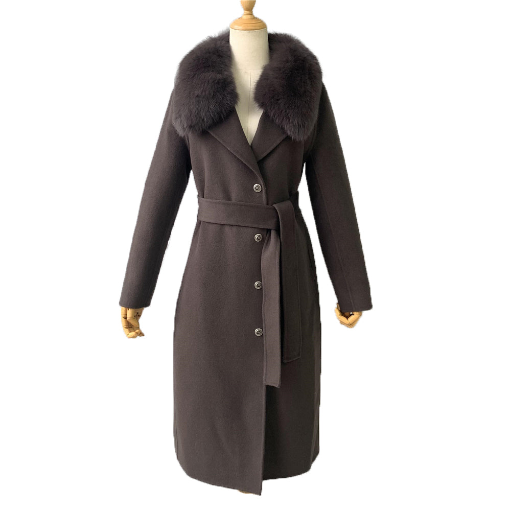 Jaxmonoy Stylish Cashmere Coat Fluffy Fox Fur Collar