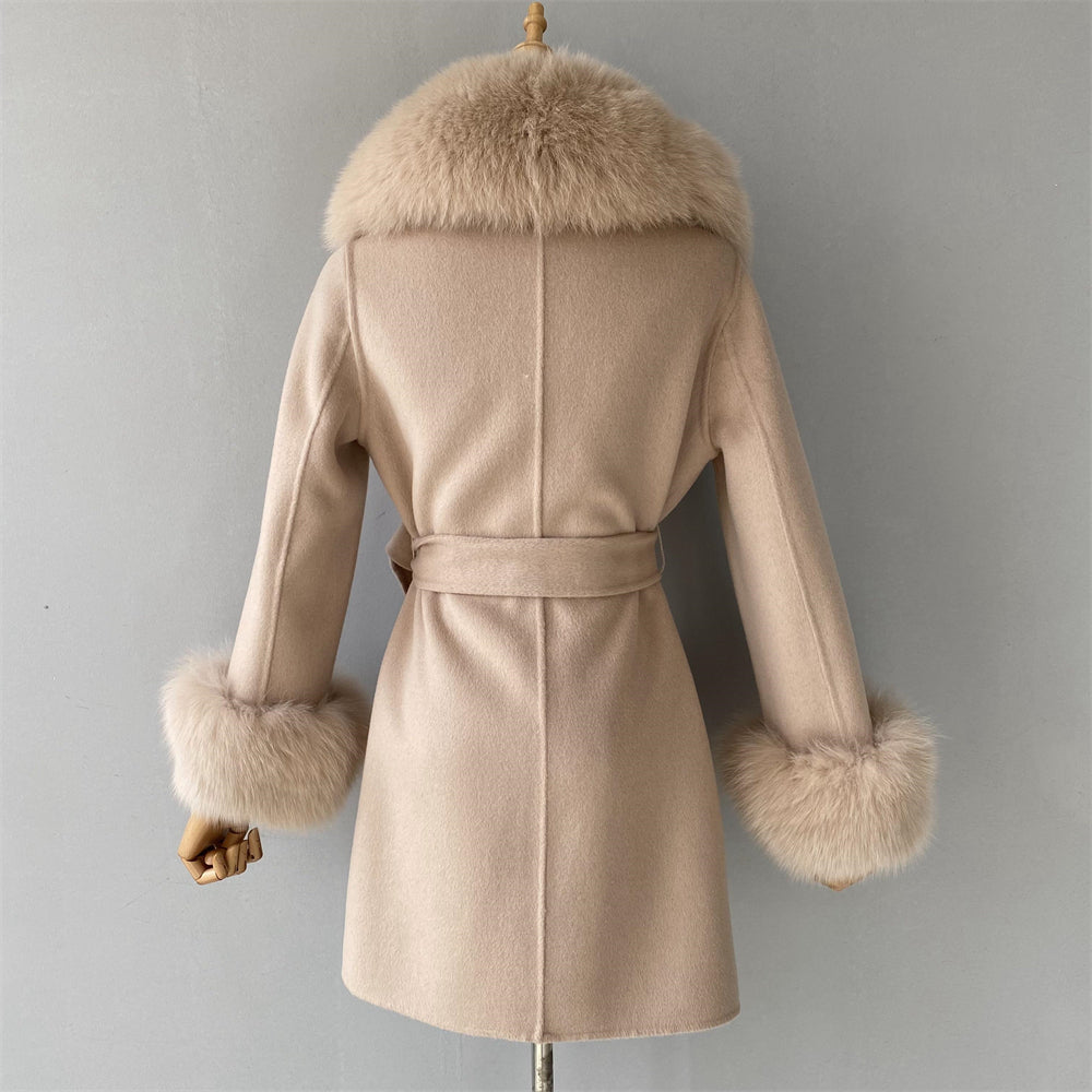 Regular Length Wool Coat With Luxury Fox Fur Collar And Cuffs Women Double-sided Cashmere Coats With Fur New