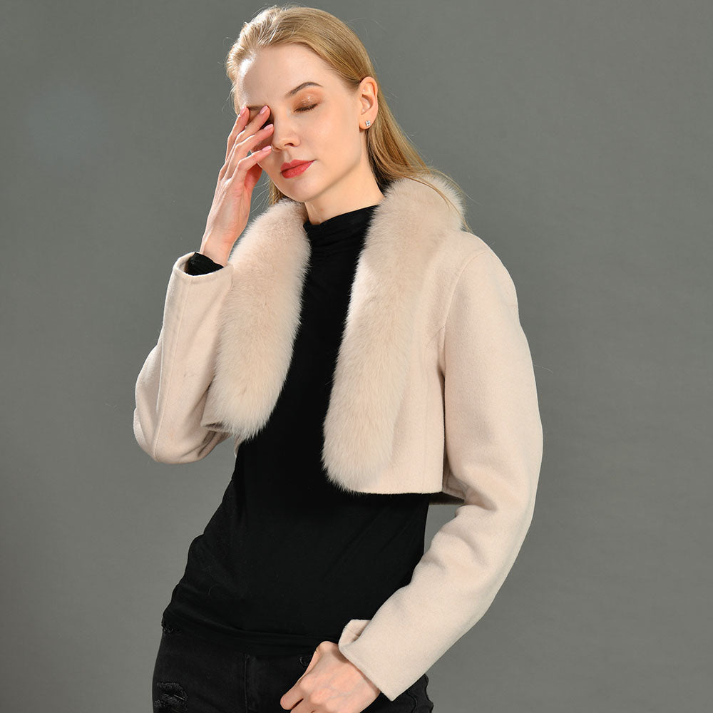 Jaxmonoy Fashionable Ladies Super Short Style Cashmere Coat With Genuine Fox Fur Collar